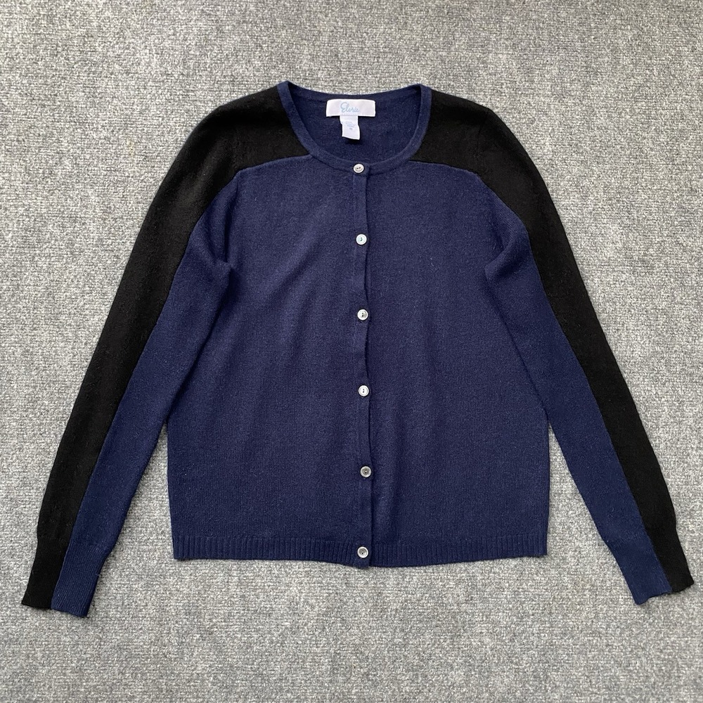 Elorie Cashmere Cardigan Size M Blue Black Colorblock Button Front Minimalist